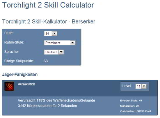 Skill Calculator für Torchlight 2